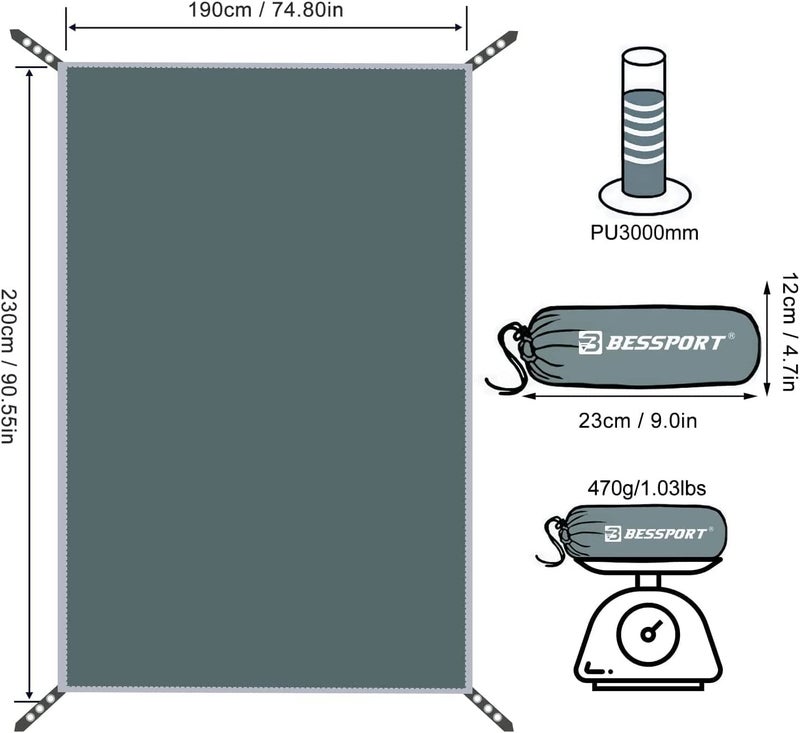 Bessport Tent Footprint for 1-2-3 Person Tent Waterproof Camping Tarp with Drawstring Carrying Bag for Picnic, Hiking and Other Outdoor Activities (3 Person) - Image 2